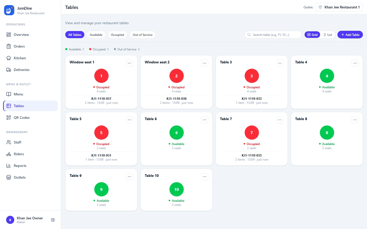The JomDine Tables screen showing table cards with live occupied and available status
