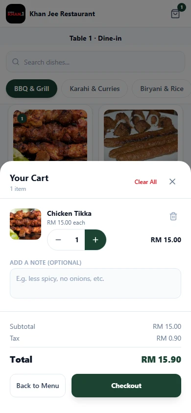 Cart with items, notes, totals and checkout button