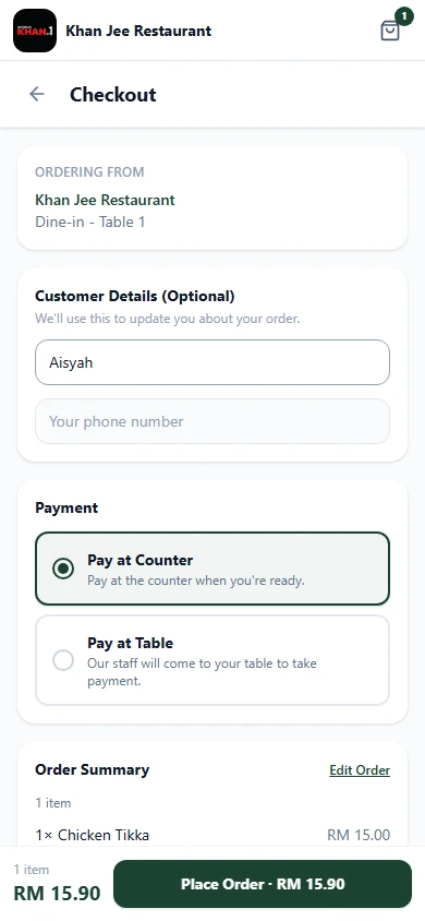 Checkout with customer name and payment method