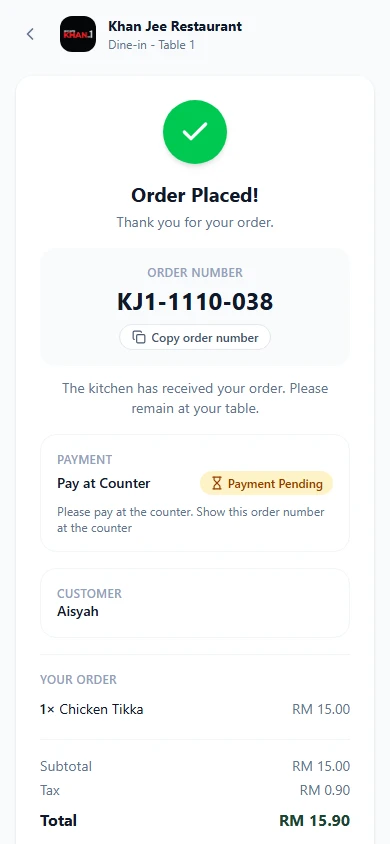 Order confirmation with the order number