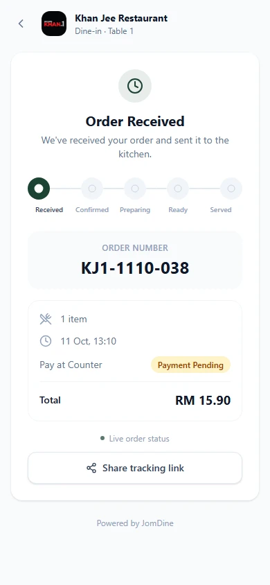 Live order status tracking on the customer phone